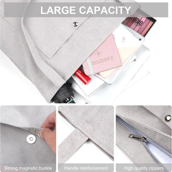 Corduroy Tote Bag Women Large Shoulder Bag with Zipper Pockets for Work Travel - Picture 3 of 7